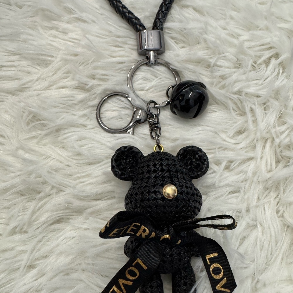 Black Woven Bear resin Keychain Charm with Gold Accent